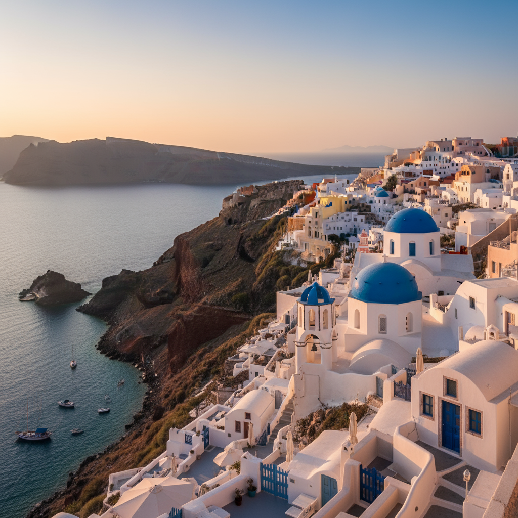 Santorini landscape with white buildings and blue domes